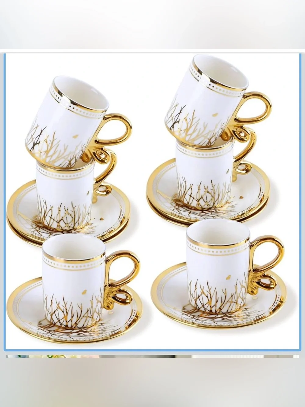Turkish Elegant White and Gold Porcelain Coffee Cup Set